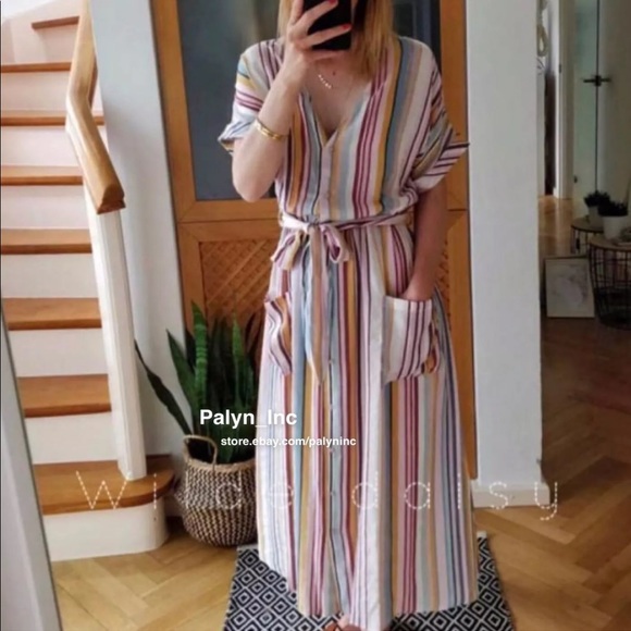 (Sold out)ZARA STRIPED MIDI DRESS BUTTON-UP LINEN 2751/030 - Picture 2 of 9